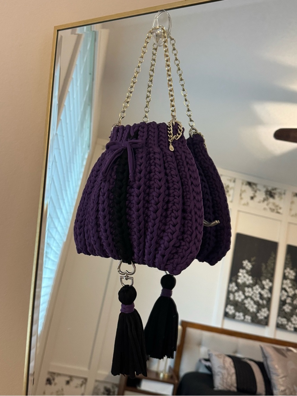 New Bonita Bolso Handmade by Yvonne Purple Knit Bucket Bag with Tassels